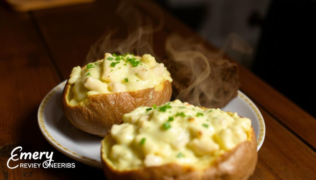 creamy chicken filling in twice baked potatoes