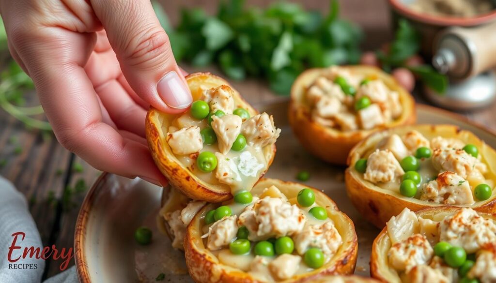 stuffing potato skins with creamy chicken pot pie filling