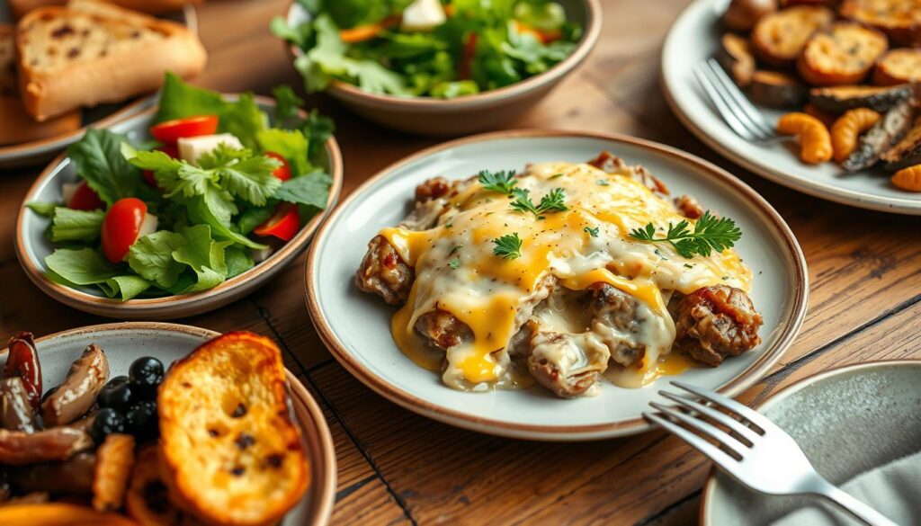 Crockpot Cheesesteak Potato Casserole with side dishes