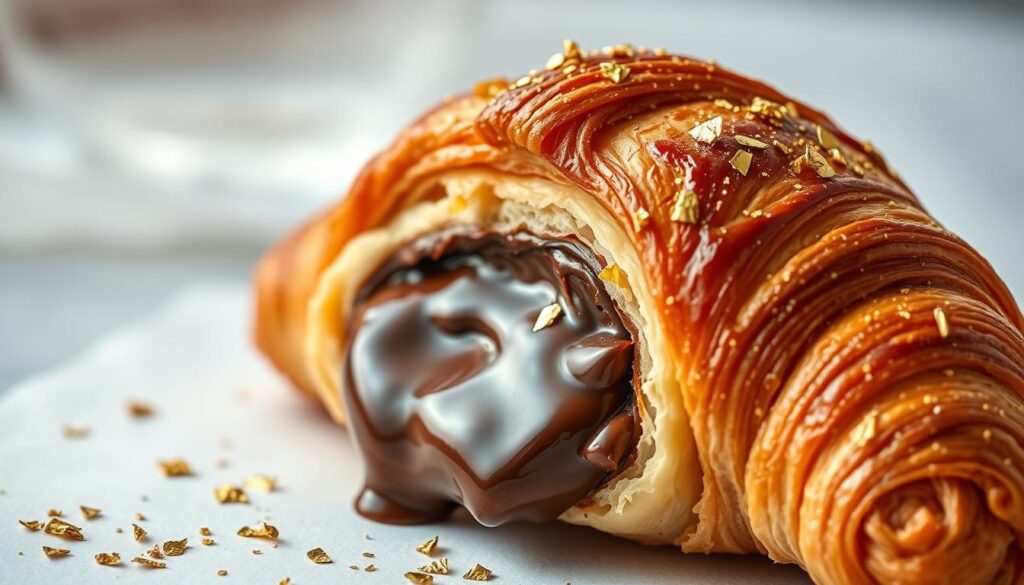 Flaky layers of chocolate croissant