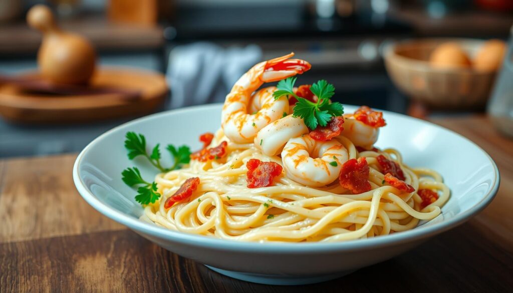 Garlic Shrimp Bacon Alfredo pasta dish