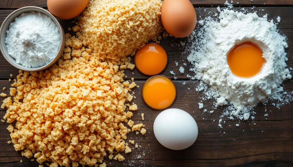 breadcrumbs, flour, and eggs for breading chicken parmesan