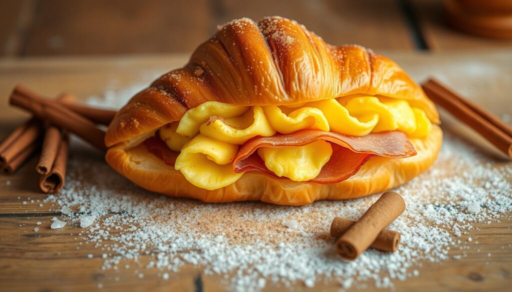 cinnamon-sugar ham and egg croissant sandwich