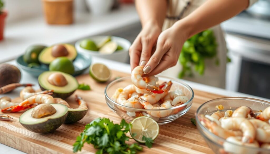 cleaning and deveining shrimp for shrimp and avocado salad