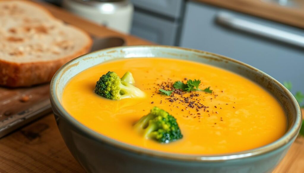 creamy broccoli cheddar soup in a bowl