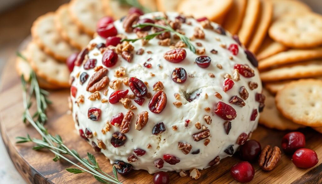 creamy cheese ball with sweet-tart cranberries and crunchy pecans