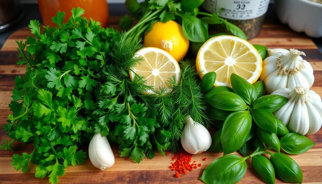 fresh herbs and spices for roasted cauliflower salad