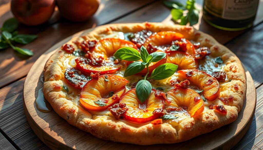 fried peach and pancetta pizza