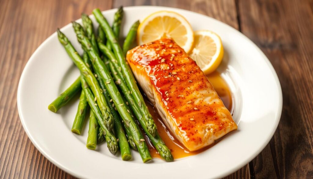 honey garlic salmon and asparagus dish