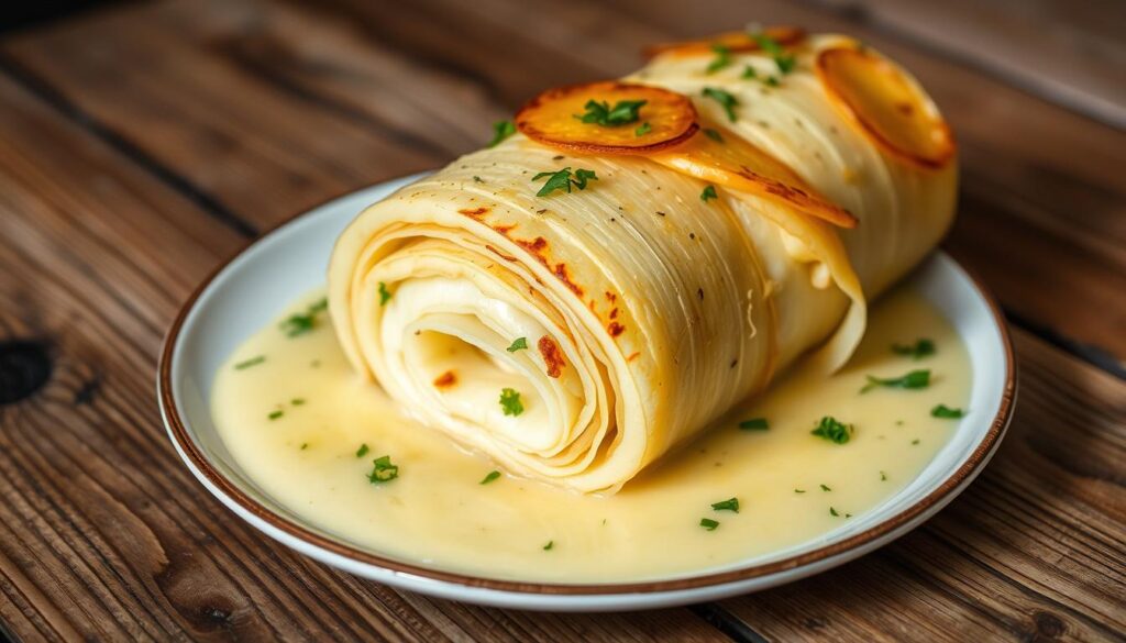 layered potatoes in a scalloped potato roll