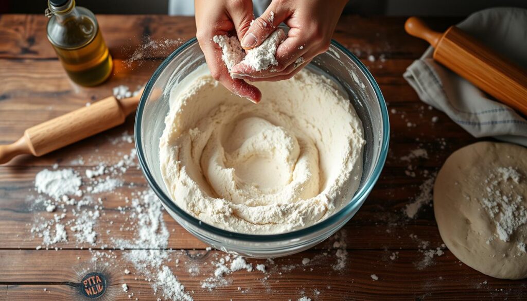 mixing dough for homemade pizza