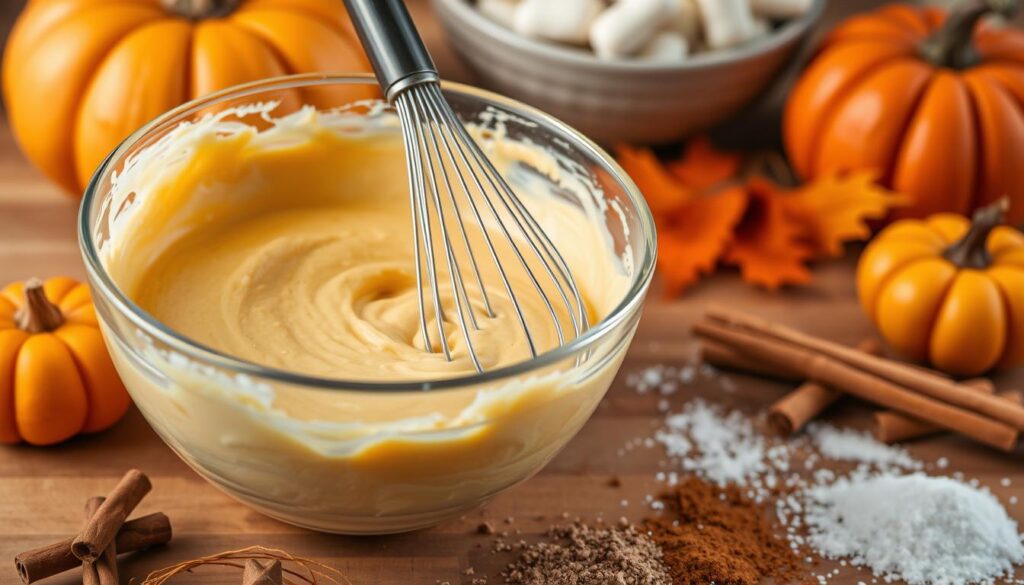 mixing ingredients for pumpkin cheesecake bars