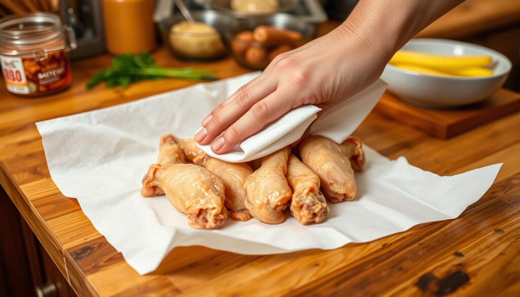 patting chicken wings dry for crispy texture