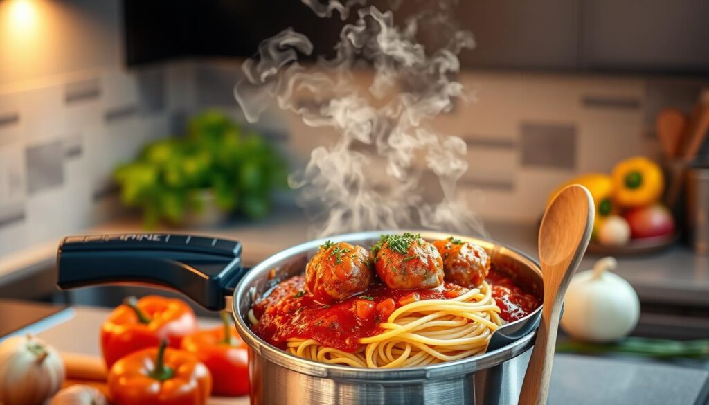 pressure cooking spaghetti and meatballs