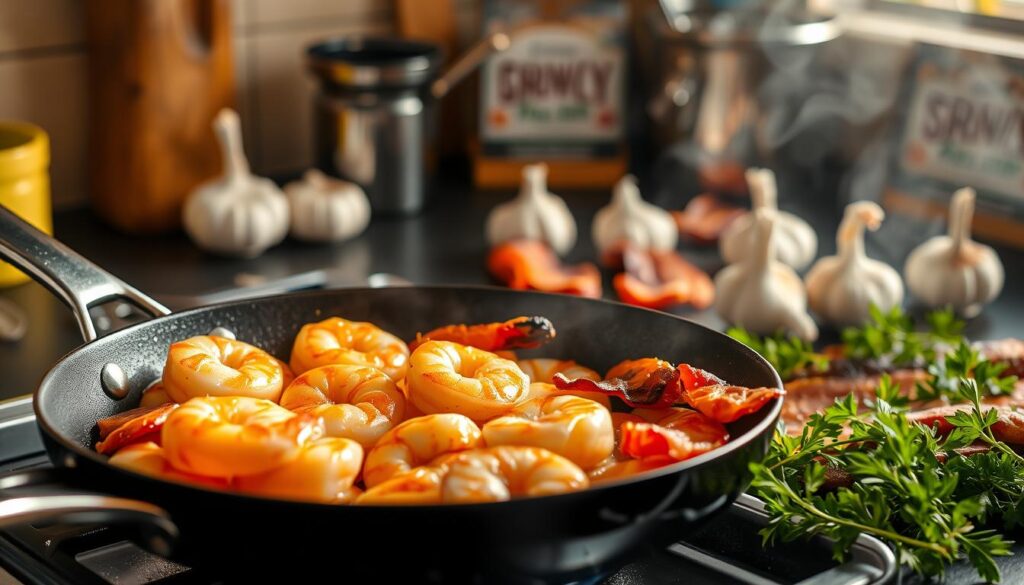 sautéing shrimp and rendering bacon