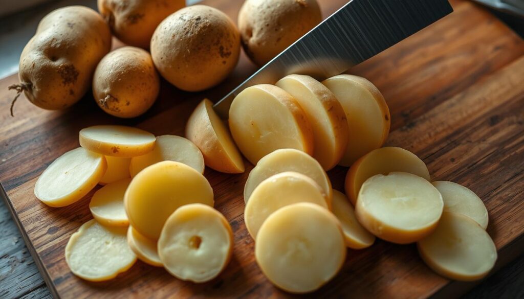 slicing potatoes for scalloped potato roll