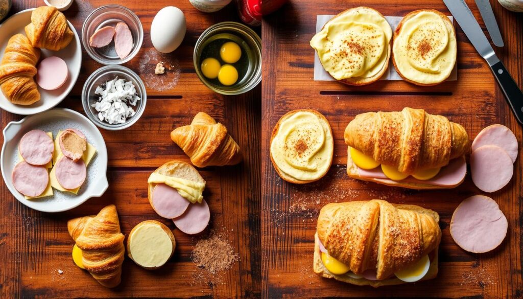 step-by-step cinnamon-sugar ham egg croissant sandwich