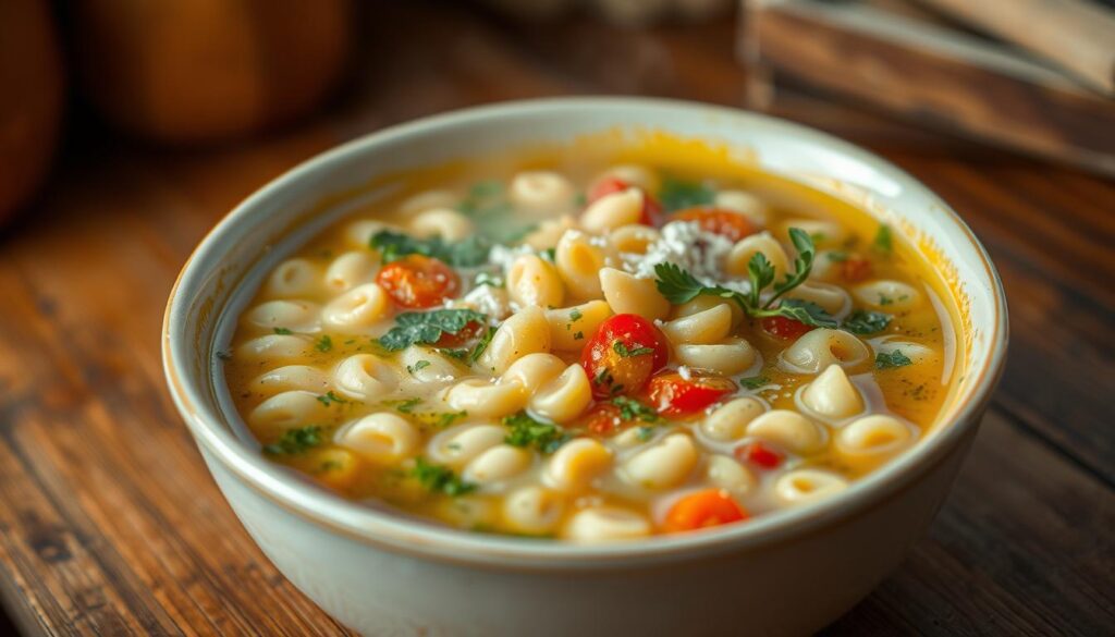 tiny pasta pastina in a bowl of soup